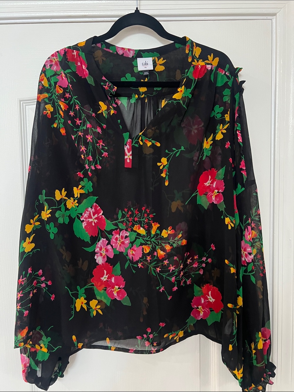 CAbi Black Sheer Floral Blouse with Pink, Green & Yellow